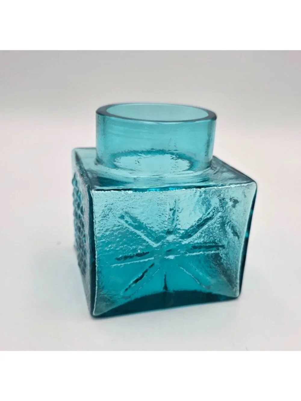 MCM Dartington Blue Glass Cube Vase Embossed Sunburst Design Textured Finish